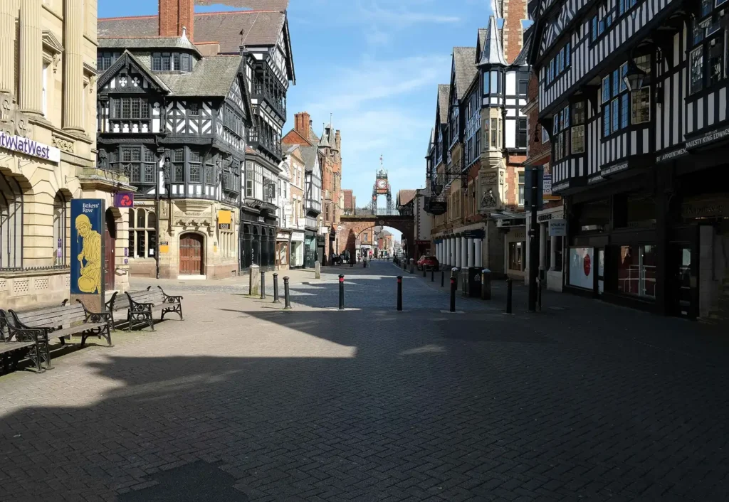 Eastgate Street in Chester city centre, looking towards the Eastgate Clock, part of Dee Valley Locksmiths' coverage area