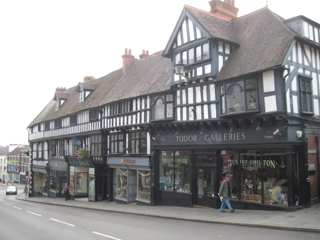 Timber-framed shops on Wyle Cop in Shrewsbury town centre, part of Dee Valley Locksmiths' coverage area