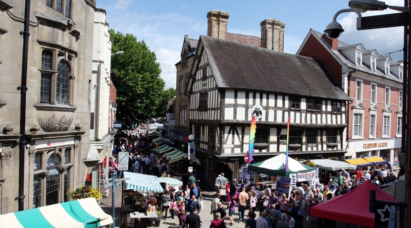 Oswestry town centre market by the historic Llwyd Mansion, part of Dee Valley Locksmiths' coverage area